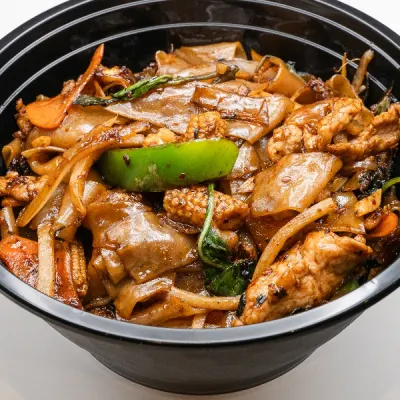 wide rice noodles with basil, bell pepper and bamboo shoots